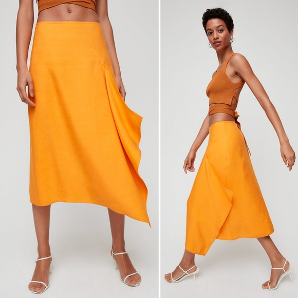 NWT Aritzia Wilfred Autier Tuscan Sun Midi Skirt 00 Yellow Ruffle - Picture 2 of 11
